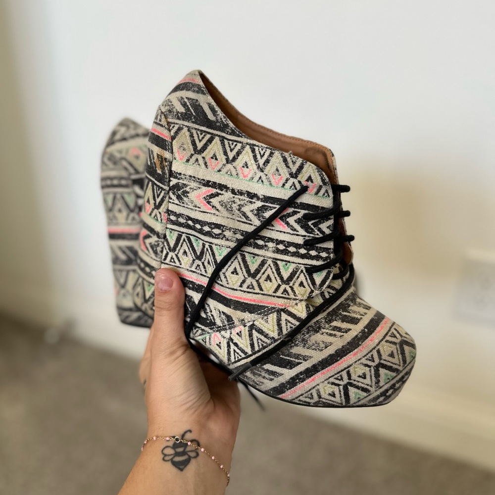 Patterned Neon Lace Up Wedges